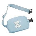 COSHAYSOO Blue Belt Bag Small Waist Fanny Pack Crossbody Purse with Initial Letter Patch for Teen Girl, Nylon Cross Body Travel Chest Pouch Aesthetic Trendy Stuff Gift (K)