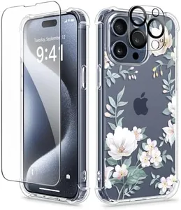 GVIEWIN for iPhone 15 Pro Case Floral, with Screen Protector+Camera Lens Protector, [Not Yellowing] Slim Shockproof Clear Protective Phone Cover for Women, Flower Pattern Design (Magnolia/White)
