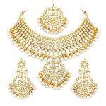 Aheli Kundan Pearls Designer Necklace Earrings Maang Tikka Set Indian Traditional Ethnic Engagement Wedding Party Wear Jewelry Gift for Women
