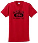 50th Birthday T-Shirt Made in 1974 All Original Parts Short Sleeve Unisex or Ladies Cut T-Shirt, Red, X-Large