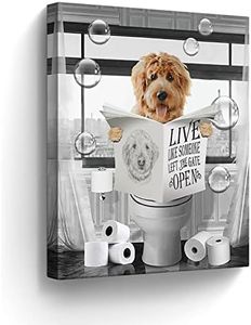 Funny Dog Sitting in Toilet Bathroom Decor Wall Art Black and White Dog Pictures Farmhouse Bathroom Animals Painting for Toilet Bathroom Dog Artwork Framed 12"x16"