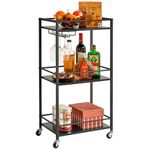 IBUYKE Home Bar Serving Cart,Small Bar Cart with 3-Tier, Mobile Drink Shelf with Wine Holders and Glass Holders,Mini Bar for Outdoor, Small Space, Kitchen Black TMJ519B