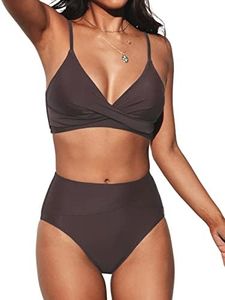 CUPSHE Women's Bikini Sets Two Piece Swimsuit High Waisted V Neck Twist Front Adjustable Spaghetti Straps Bathing Suit, Brown, Large