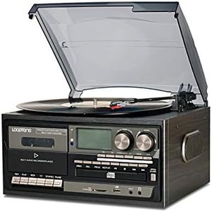 LoopTone Vinyl Record Player 9 in 1 3 Speed Bluetooth Vintage Turntable CD Cassette Player AM/FM Radio USB Recorder Aux-in RCA Line-Out (Black Edition)