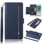 EYZUTAK Wallet Case for iPhone 6 Plus iPhone 6S Plus, 5 Card Slots Magnetic Closure Zipper Pocket Handbag PU Leather Flip Case with Wrist Strap TPU Kickstand Cover for iPhone 6 Plus/6S Plus - Blue