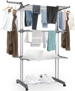 BQKOZFIN Clothes Drying Rack Stand 4-Tier, Foldable Laundry Drying Rack, Adjustable Large Stainless Steel Rolling Clothes Horses Dryer Rack with 4 castors, Gray