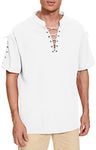 Mens Summer Casual Linen Henley Shirts Short Sleeve Beach Lace Up Hippie Shirts Medieval Renaissance Pirate Costumes White