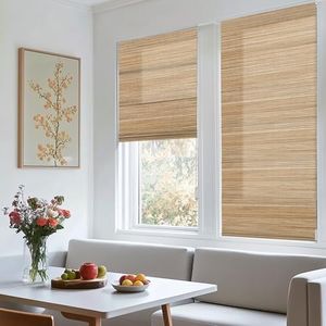BERISSA Roman Shades for Windows, Natural Woven Light Filtering Roman Blinds for Indoor Windows, Living Room,Home Office,70% Blackout Woodgrain Wheat,Custom Size
