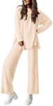 PRETTYGARDEN Women's Two Piece Lounge Sets Matching Long Sleeve Shirts Wide Leg Pants Tracksuits Travel Outfits Fall Clothes (Beige,Small)