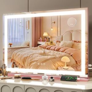 FENNIO Vanity Mirror with Lights 32''x22'' Makeup Mirror with Lights,Lighted Makeup Mirror with 10X Magnification and USB,Smart Touch Screen with 3-Color Lighting,Dimmable(Square Pink)