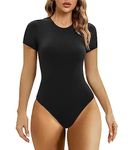 SHAPERX Body-Hugging Bodysuit for Women Short Sleeve High Stretch Leotard Top Thong Jumpsuit Crew Neck, UK-SZ5249-2-Black-M