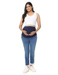 CHARISMOMIC Women's Maternity Denims, Ankle Length Flare Pregnancy Pants with Tassels, Stretchable & Breathable Fabric, Blue, S