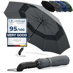 Umbrella Windproof Compact - Strong Storm Proof Frame + Auto Open Close | Women Mens Lightweight Small Travel Folding Golf Brolly + Double Canopy, Ergonomic Handle | Water Resistant Teflon Grey