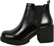 Soda ORIGAMI ~ WOMEN LUG SOLE MID HEEL FASHION ANKLE BOOTIE W/DOUBLE ELASTIC GORE, Black Pat, 5.5