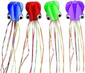 Set of 4 Large 157.5" High Cartoon Big Round Eyes Octopus Kites with Colorful Ribbon and Kite Board with 98.4 Foot String for Kids Toy Enjoy Parent-Child Time Beach Park Outdoor