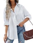 Hotouch Women Button Down Shirts Oversized Long Sleeve Collared Blouse with Pockets Business Casual Stripe Shirt L