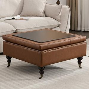 obmedin Large Square Storage Ottoman Uphlostered Tufted Button Coffee Table, Oversized Footrest Bench with Castered Rolling Wheels for Living Room, Brown Faux Leather