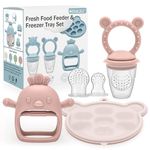 3 Pack Silicone Teething Mitten for Babies with Baby Fruit Food Feeder & Freezer Tray Set, BPA Free Infant Teething Relief Toy for 3 Month+, Additional Silicone Sacs