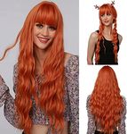 Esmee 27 Inches Ginger Orange Wig with Bangs Natural Synthetic Hair Long Curly Wigs for Women Daily Party Wedding, Dating, Cosplay Wear Ginger Orange