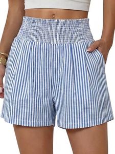 ANRABESS Women High Waisted Shorts, Striped & Gingham Lounge Pajama Beach Shorts with Pockets, Cute and Casual for Daily Wear Blue White Stripe X-Large