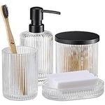 Navaris Glass Bathroom Accessories Set (4 Pieces) - Includes Soap Dispenser, Toothbrush Tumbler, Soap Dish, Cotton Pad Holder - Clear Glass with Black Metal