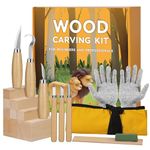 Wood Carving Tools, 18 in 1 Wood Whittling Kit, Chip Carving Knife Kit with 8PCS Basswood Carving Blocks Set, 6PCS Whittling Knives, Gloves, Canvas Bag, Sharpener,Wood Carving Set for Beginners Kids