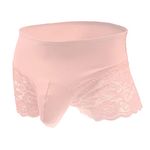 Bommi Fairy Men's Lace Briefs Sissy Pouch Underwear Crossdress Breathable Stretch Cotton Lace Panties Large Hip Wrap with Translucent Thighs (Pink)