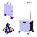 Foldable Utility Cart Folding Portable Rolling Crate Handcart with Durable Heavy Duty Plastic Telescoping Handle Collapsible 4 Rotate Wheels for Travel Shopping Moving Luggage Office Use (Purple)