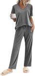 Ekouaer Lounge Sets for Women Ribbed Pajama Set Short Sleeve Top and Long Pants Set with Pockets Sleep Set Dark Gray