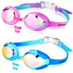 Keary 2 Pack Kids Swim Goggles Swimming Goggles for Toddler Children Boys Girls Youth 4-7 6-14, Anti-Fog Waterproof Anti-UV Flat Lens Clear Goggles Water Pool Glasses with 3 Nose Pieces, Boy Goggles