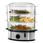 Daewoo 3 Layer Food Steamer, 9L Capacity, Stainless Steel with Black Dial, Automatic Shut Off with Rice Bowl Included, Water Level Indicator, Dishwasher Safe Tiers, Steam 0-30 Minutes - 1200W, SDA1338