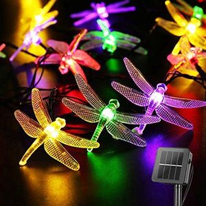 Dragonfly Solar String Lights Outdoor 20.8FT 30 LED Waterproof Solar Powered Fairy Lights, 8 Modes Decorative Lights for Patio Garden Yard Fence Wedding Christmas Party, Multicolor