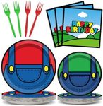 96 Pcs Super Brother Party Supplies Set Super Brother Plates Super Video Games Tablewear and Napkins Forks Super Bros Birthday Party Decorations for Kids Baby Shower Serves 24