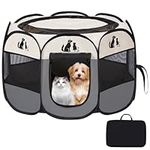 Bestmemories Pet Playpen, 8-Side Mesh Puppy Dog Cat Rabbit Exercise Kennel Crates Playpen, Portable, Foldable, Waterproof Playpen with Zipper Door for Traveling Camping Outdoor Indoor （L,Gray）