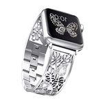 Secbolt Carved Flower Bling Bands Compatible with Apple Watch Band 38mm 40mm 41mm iWatch Series 7/6/5/4/3/2/1/SE, Stainless Steel Dressy Jewelry Diamond Bracelet Bangle Wristband Women, Silver