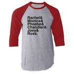 Pop Threads Rachel & Monica & Phoebe & Chandler & Joey & Ross Graphic Tee T-Shirt for Men, Raglan | Red Sleeves, XX-Large