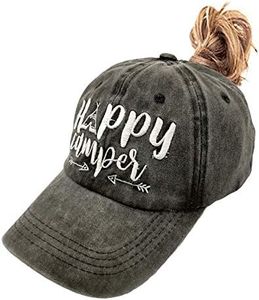 LOKIDVE Women's Happy Camper Ponytail Hat Messy High Bun Distressed Baseball Cap