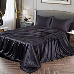 Vonty Satin Sheets King Black Silky Satin Sheet Set, Deep Pocket Fitted Sheet + Flat Sheet + Pillowcase Bedding Set 4pcs