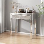 intahic Mirrored Desk Sparkling Silver Vanity Makeup Table with Crystal Diamond Mirrored Console Table Mirrored Vanity Desk with 2 Drawer for Women Girls Home Office