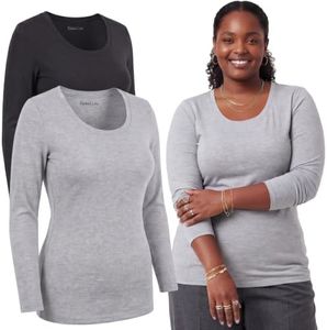 Emmalise Women's Junior and Plus Size Basic Scoop Neck Tshirt Long Sleeve Tee, 3XL, 2Pk Black, Hgray