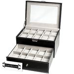 Watch Box Organizer Pillow Case - 20 Slot Luxury Premium Display Cases with Framed Glass Lid Elegant Contrast Stitching Sturdy and Secure Lock for Men and Women Watch and Jewelry Large Holder Boxes