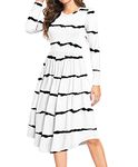 YUNDAI Women's Long Sleeve Casual Empire Waist Pleated Modest Midi Dresse with Pockets Medium, Stripe White