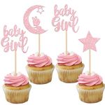 SYKYCTCY 24 Pack Pink Baby Girl Cupcake Toppers with Glitter Star Moon Baby Shower Cupcake Picks Baby Shower Girls Birthday Party Cake Decorations Supplies