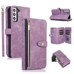 UEEBAI Wallet Case for Samsung Galaxy A55 5G, 9 Card Slots Retro Leather Wallet Shockproof Flip Cover with Hand Strap Card Slots Zipper Pocket Kickstand Handbag Magnetic Closure - Purple