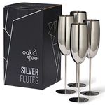 Oak & Steel - 4 Silver Stainless Steel Champagne Flutes with Gift Box, 284 ml - Elegant, Solid & Unbreakable - Birthdays, Weddings, Valentine's Day