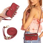 UEEBAI Crossbody Wallet Case for iPhone SE3 5G/iPhone 7/iPhone 8/iPhone SE2, 9 Card Slots Adjustable Crossbody Zipper Cover Detachable Lanyard Strap Flip Case with Hand Strap Kickstand Case -Red Wine