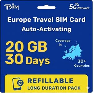 Europe SIM Card 30 Day 20GB for 36 Countries | Refillable Long Duration Pack | High Coverage Multi-Operator 5G Network | Auto-Activating | Hotspot Allowed | Data Only