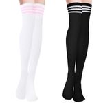 YOGINGO 2 PCS Thigh High Socks Ladies Girls Over The Knee High Socks Cotton Stripes Tube Tights Casual Boot Stockings for Women for Daily Wear Cosplay Black Women's Socks