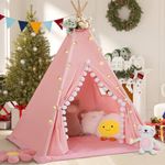 WIRHAO Teepee Tent for Kids with Padded Mat Cotton Canvas Kids Tent with Pompom for Toddlers Indoor Kids Play Tent for Girls Boys with Stars Lights, Carry Bag, Banner Flag (Pink)
