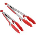 P-Plus International Stainless Steel Silicone Tongs for Cooking, Set of 2, Includes 9 and 12 Inch Locking Kitchen Tong, Heat Resistant Tip, Strong Grip for Meat, Perfect for Nonstick Pans, BBQ, Red